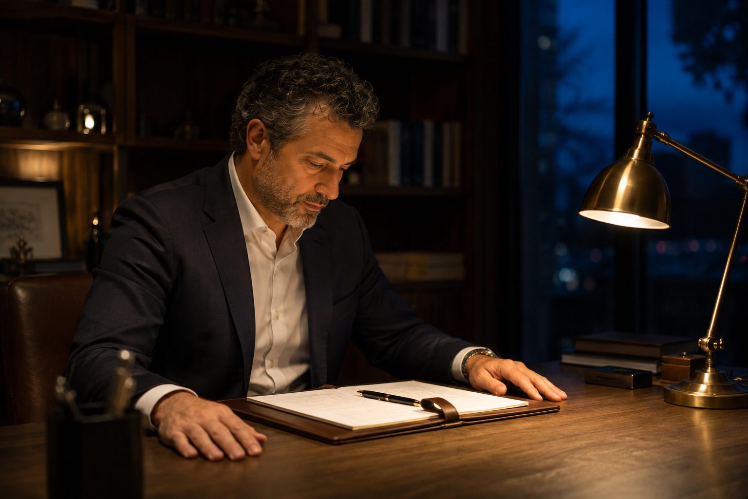Consultor lendo um documento em pasta de couro sob a luz de uma luminária de latão, no início da noite.