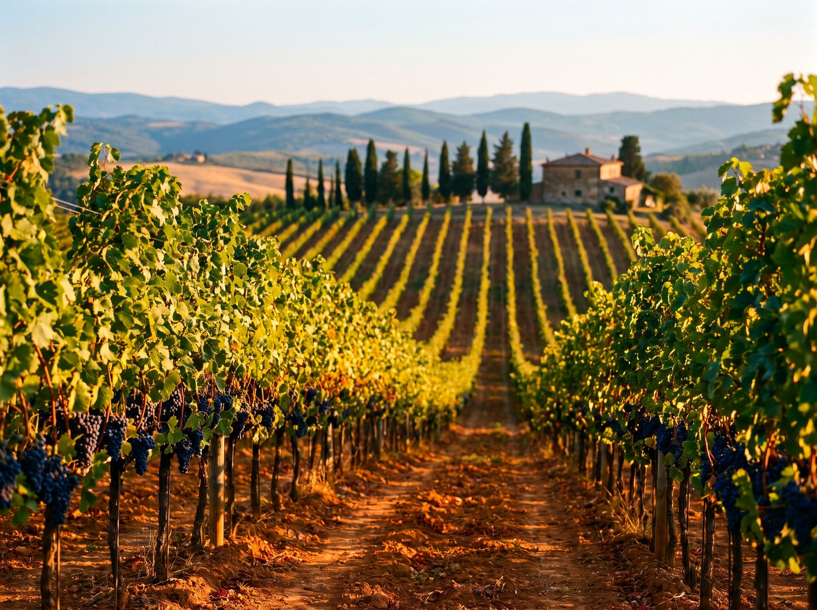 Fileiras de vinhas carregadas de uvas Sangiovese na hora dourada em Montalcino, com ciprestes e uma casa de pedra na crista da colina.