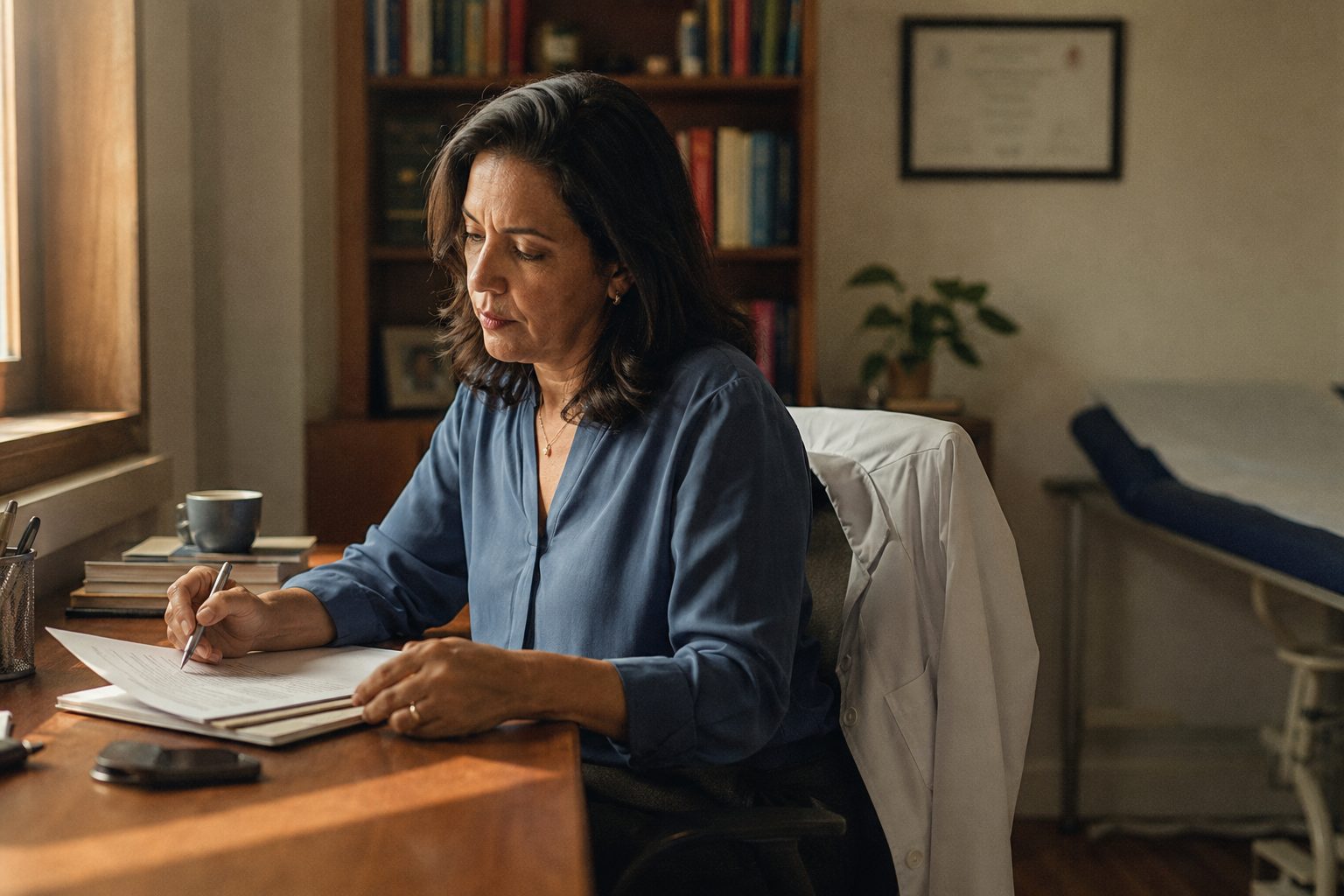 Médica revisando um documento na mesa do próprio consultório no fim do expediente, jaleco na cadeira e luz de janela.