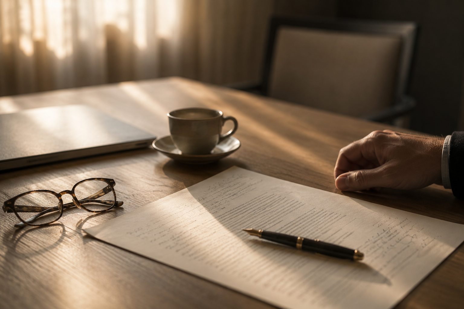 Mesa de trabalho ao fim da tarde: documento anotado à mão, caneta-tinteiro, óculos, xícara de café e a mão de quem lê.