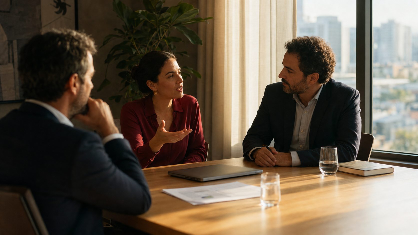 Três profissionais conversando ao redor de uma mesa de madeira clara em um escritório com janela alta e luz de fim de tarde.